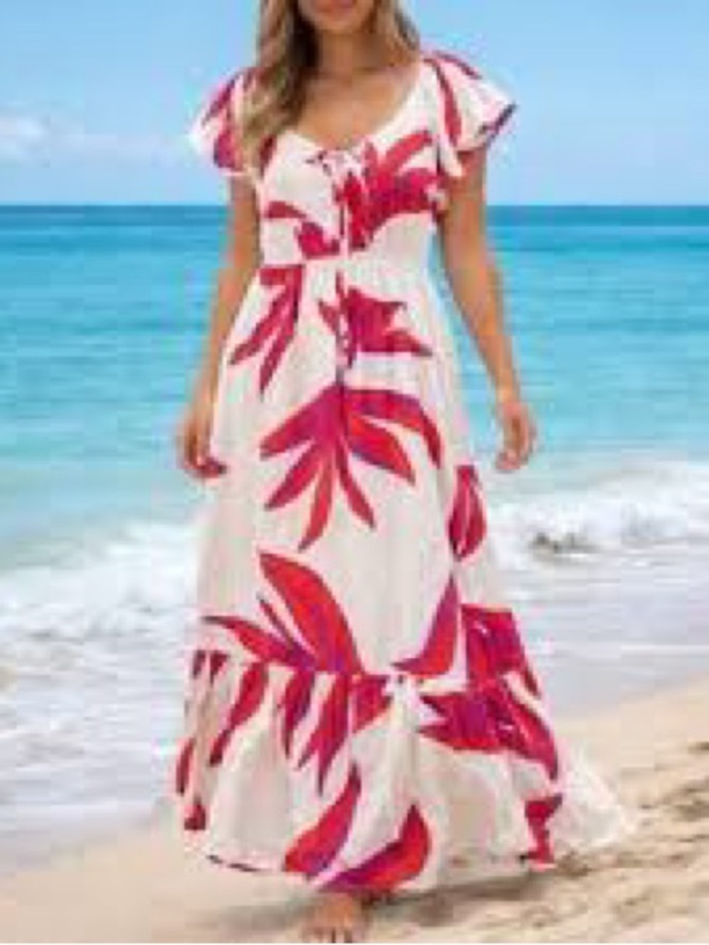 Nine West White Maxi Dress with Pink Tropical Leaves small